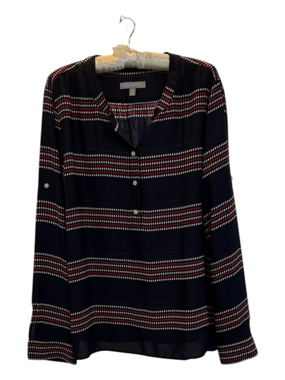 Banana Republic XL Navy Red White Polka Dot Stripe Blouse Career Work Top